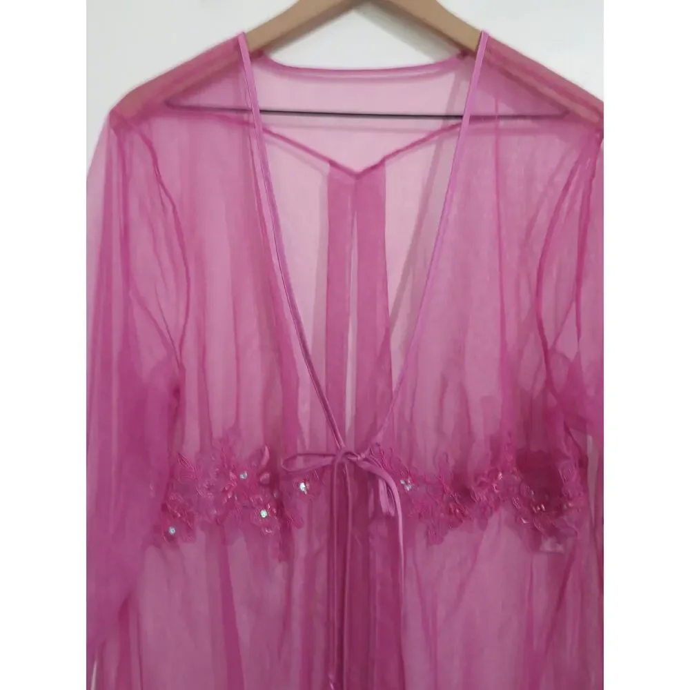 Intimate Attitudes Women Sz 1X Pink Purple Y2K Sheer Lace Sequin Robe Romantic
